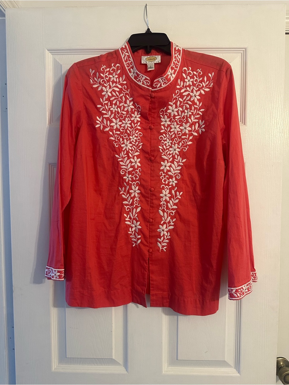 Talbots Coral Button-Down Shirt with White Floral Embroidery
